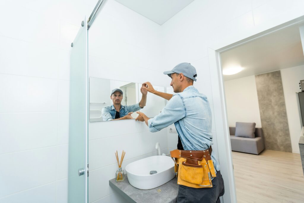 plumber inspecting bathroom plumbing
